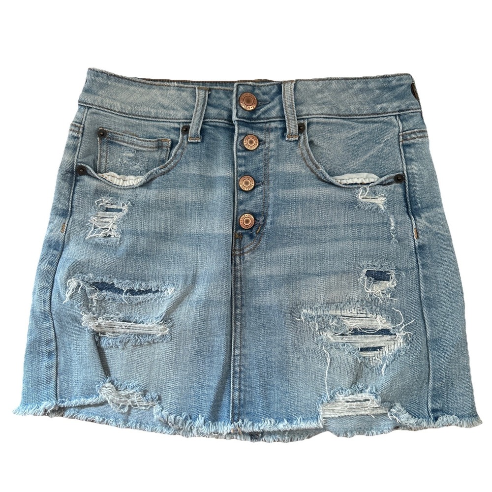 American Eagle Skirt Women's 6 Hi‎ Rise Mini Super Stretch Distressed Button Fly